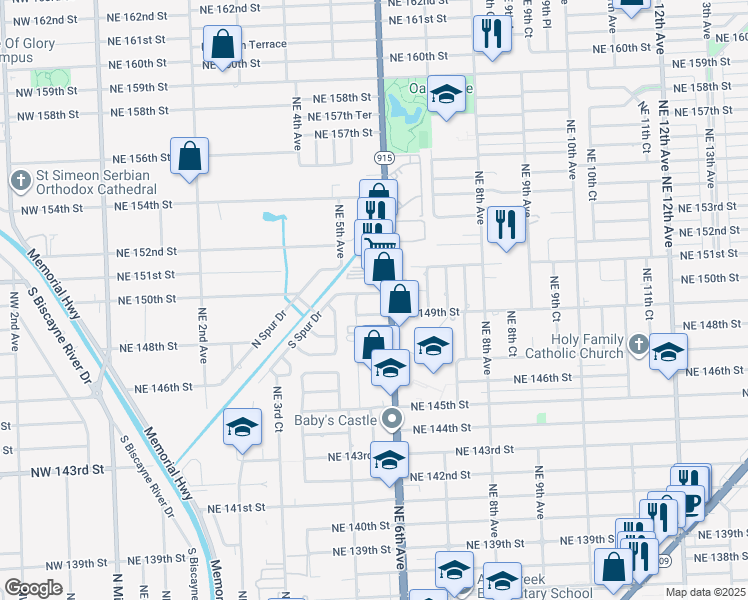 map of restaurants, bars, coffee shops, grocery stores, and more near 580 Northeast 150th Street in Miami