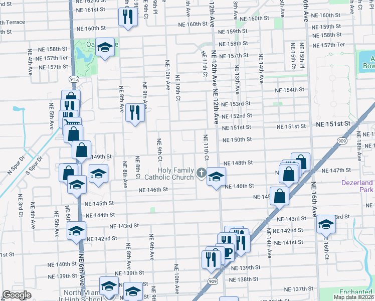 map of restaurants, bars, coffee shops, grocery stores, and more near 1053 Northeast 149th Street in Miami