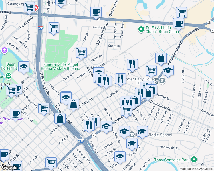 map of restaurants, bars, coffee shops, grocery stores, and more near 2875 East 14th Street in Brownsville