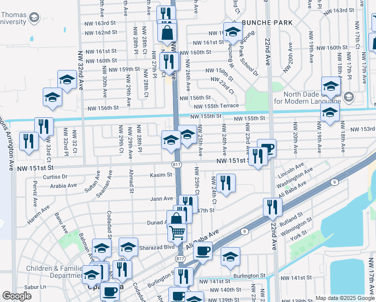 map of restaurants, bars, coffee shops, grocery stores, and more near in Miami Gardens