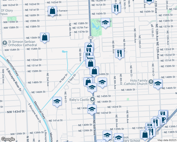 map of restaurants, bars, coffee shops, grocery stores, and more near 580 Northeast 150th Street in Miami