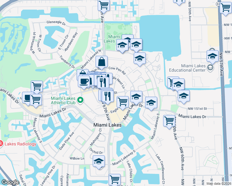 map of restaurants, bars, coffee shops, grocery stores, and more near 6610 Main Street in Miami Lakes