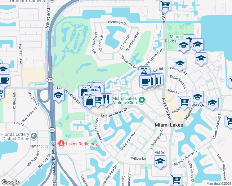 map of restaurants, bars, coffee shops, grocery stores, and more near 7100 Fairway Drive in Hialeah