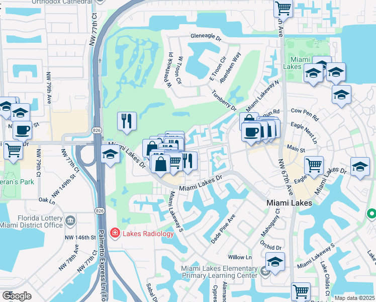 map of restaurants, bars, coffee shops, grocery stores, and more near 7204 Fairway Drive in Miami Lakes