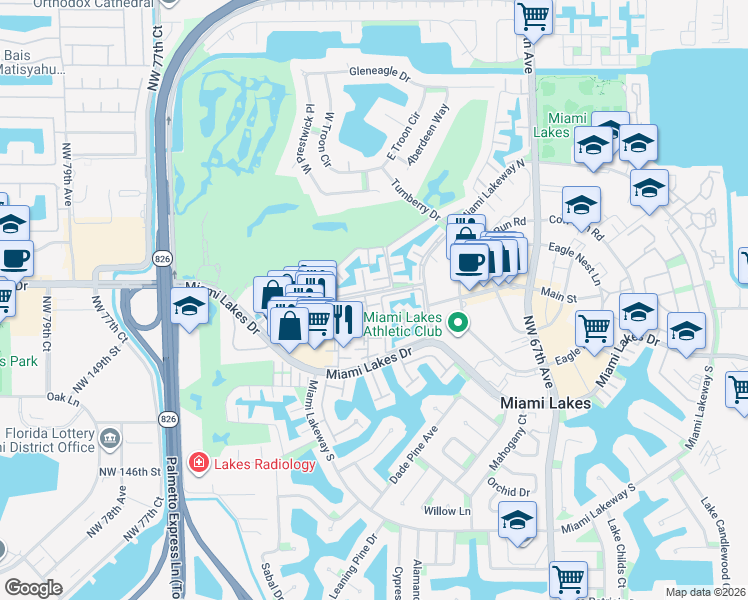 map of restaurants, bars, coffee shops, grocery stores, and more near 7100 Fairway Drive in Hialeah