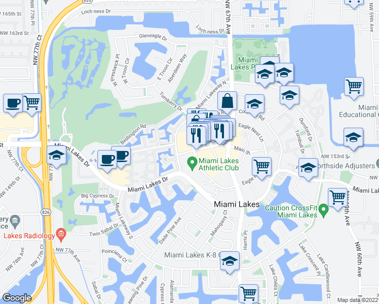 map of restaurants, bars, coffee shops, grocery stores, and more near 6842 Main St in Hialeah