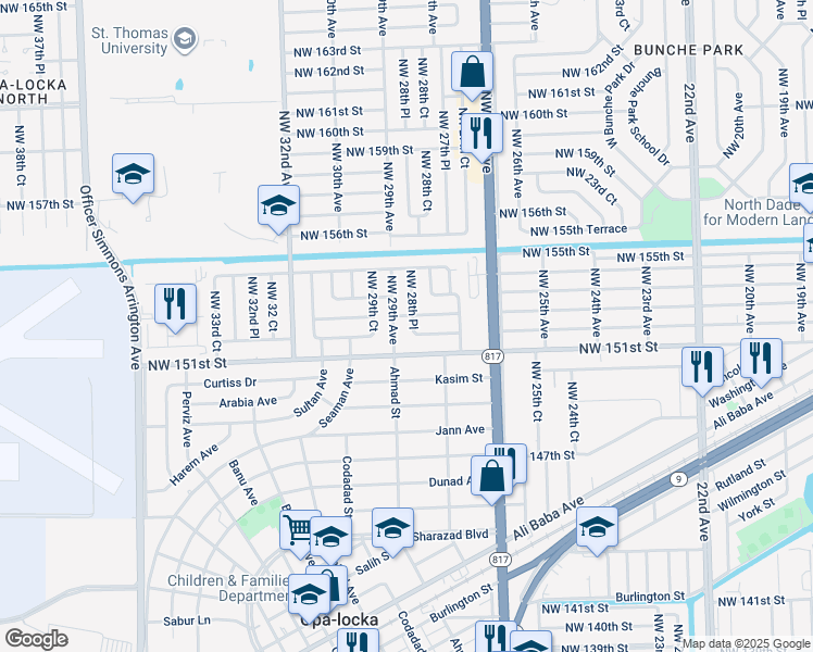 map of restaurants, bars, coffee shops, grocery stores, and more near 2831 Northwest 151st Terrace in Opa-locka