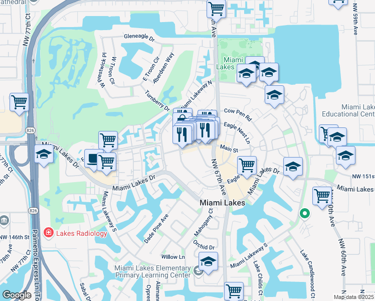 map of restaurants, bars, coffee shops, grocery stores, and more near 6842 Main Street in Miami Lakes