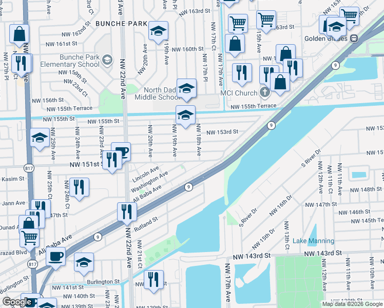 map of restaurants, bars, coffee shops, grocery stores, and more near 1817 Northwest 151st Street in Opa-locka
