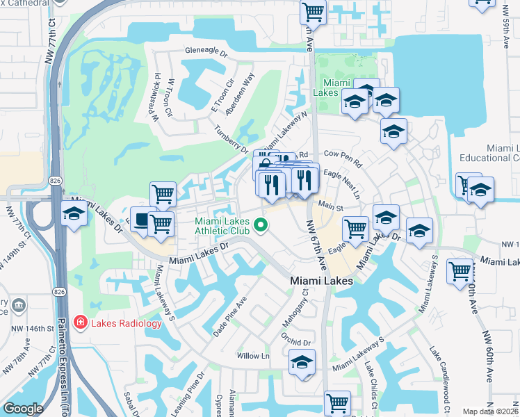 map of restaurants, bars, coffee shops, grocery stores, and more near 6910 Main Street in Miami Lakes