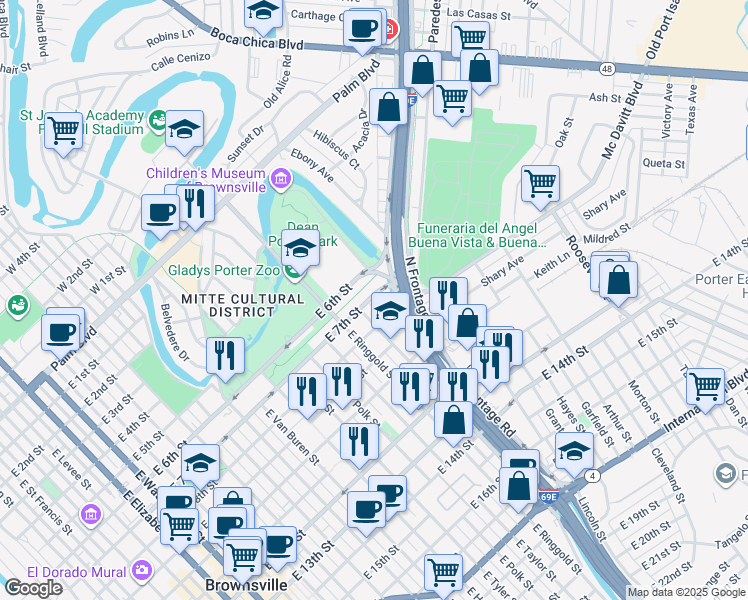 map of restaurants, bars, coffee shops, grocery stores, and more near 1859 East 7th Street in Brownsville