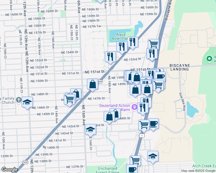 map of restaurants, bars, coffee shops, grocery stores, and more near 14899 Northeast 18th Avenue in North Miami