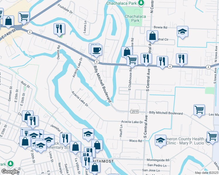 map of restaurants, bars, coffee shops, grocery stores, and more near 375 Billy Mitchell Boulevard in Brownsville