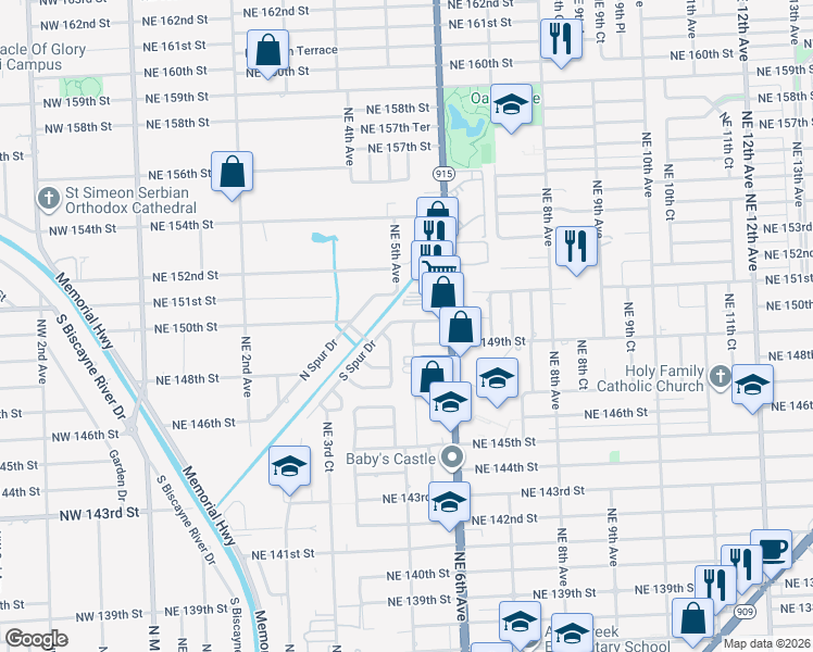 map of restaurants, bars, coffee shops, grocery stores, and more near 14990 Northeast 5th Court in Miami