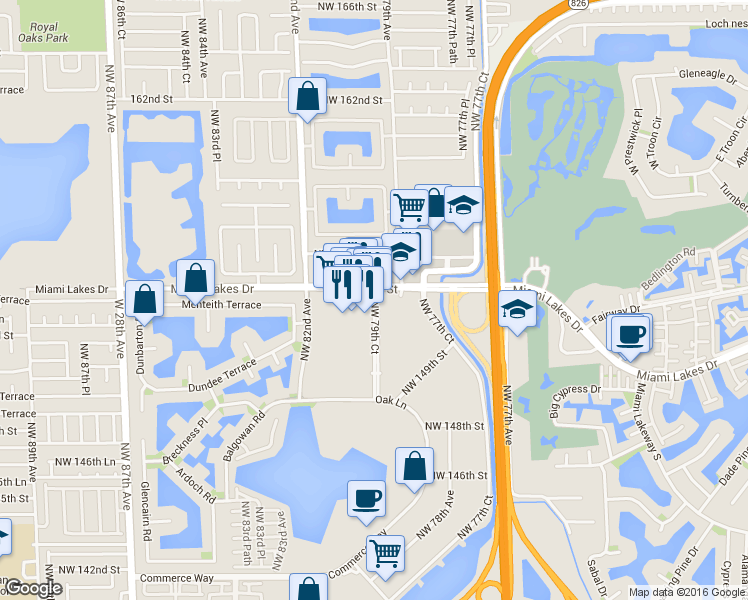 map of restaurants, bars, coffee shops, grocery stores, and more near 15352 Northwest 79th Court in Miami Lakes