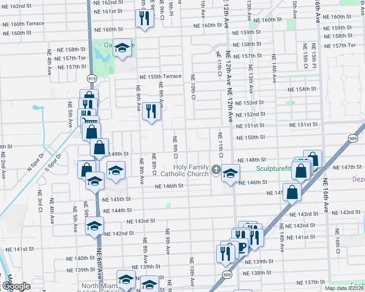 map of restaurants, bars, coffee shops, grocery stores, and more near 985 Northeast 149th Street in North Miami