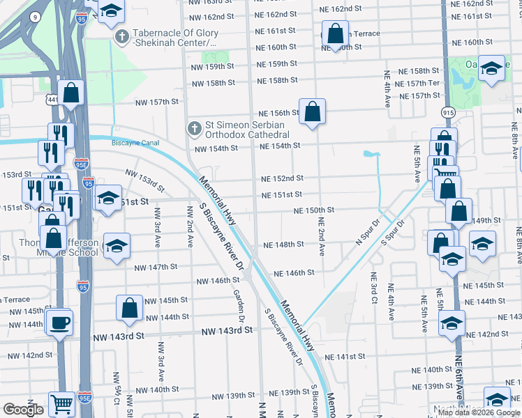 map of restaurants, bars, coffee shops, grocery stores, and more near 56 Northeast 150th Street in Miami