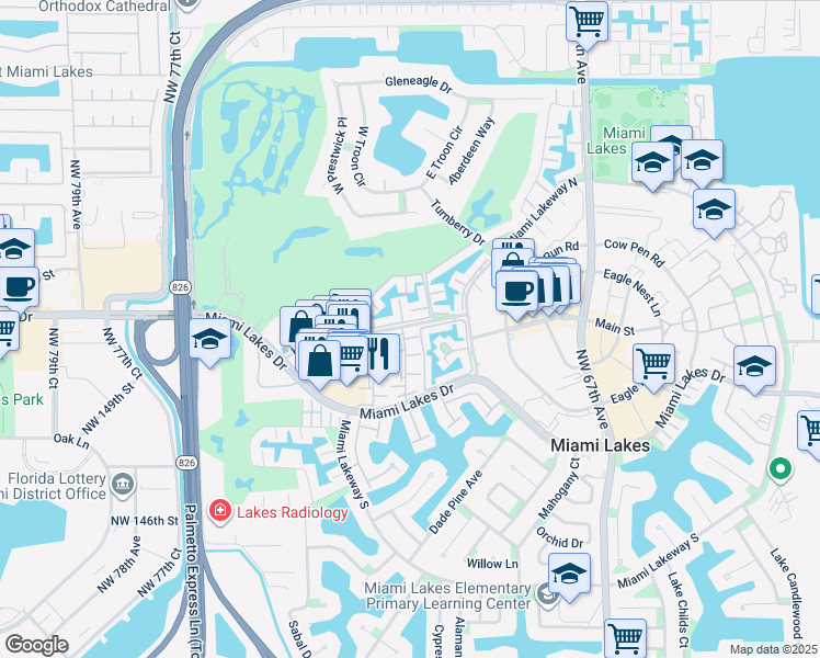 map of restaurants, bars, coffee shops, grocery stores, and more near 7100 Fairway Drive in Hialeah