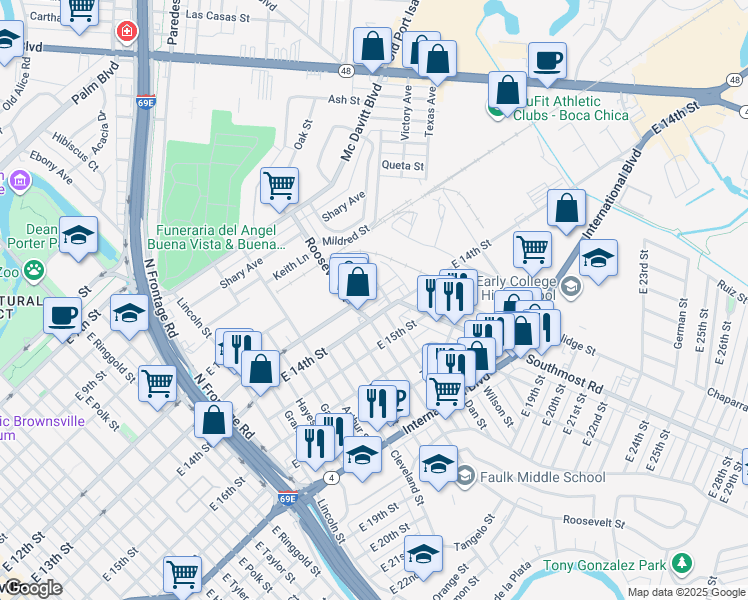 map of restaurants, bars, coffee shops, grocery stores, and more near 2875 E 14th St in Brownsville