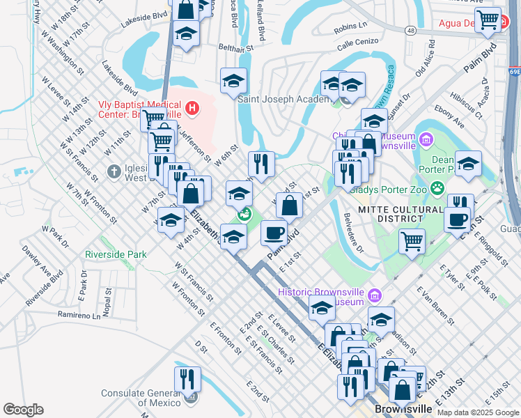 map of restaurants, bars, coffee shops, grocery stores, and more near 804 West 2nd Street in Brownsville