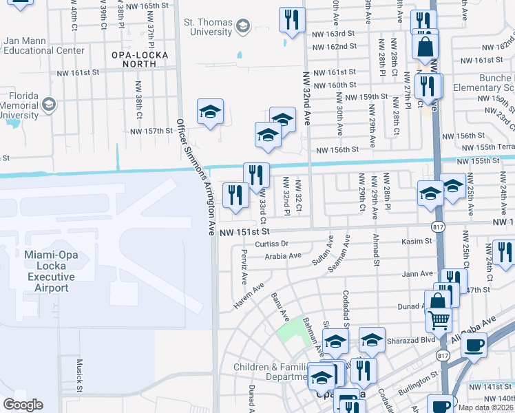 map of restaurants, bars, coffee shops, grocery stores, and more near 15100 Northwest 33rd Place in Miami Gardens