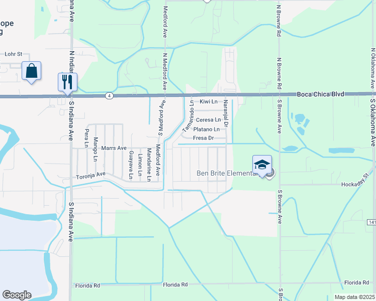 map of restaurants, bars, coffee shops, grocery stores, and more near 512 Fresa Drive in Brownsville
