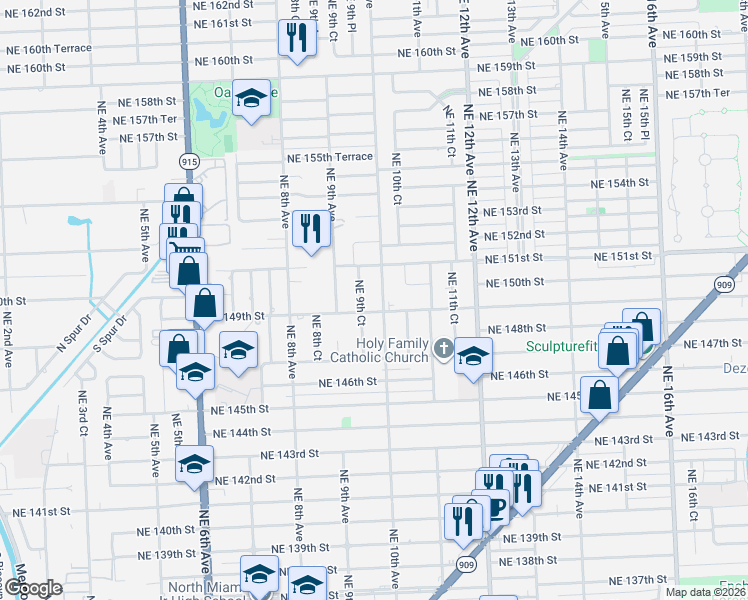 map of restaurants, bars, coffee shops, grocery stores, and more near 985 Northeast 149th Street in North Miami