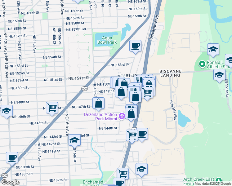 map of restaurants, bars, coffee shops, grocery stores, and more near 1968 Northeast 148th Terrace in North Miami