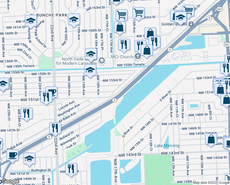 map of restaurants, bars, coffee shops, grocery stores, and more near 15111 Railroad Drive in Opa-locka