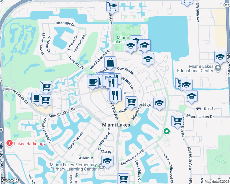 map of restaurants, bars, coffee shops, grocery stores, and more near 15241 Northwest 67th Avenue in Miami Lakes