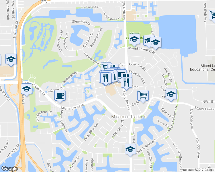 map of restaurants, bars, coffee shops, grocery stores, and more near 6854 Main Street in Miami Lakes