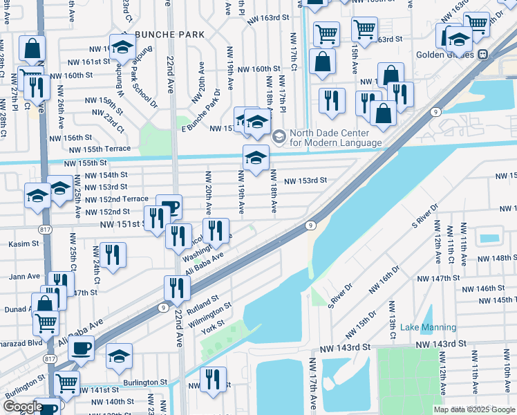 map of restaurants, bars, coffee shops, grocery stores, and more near 1817 Northwest 151st Street in Opa-locka