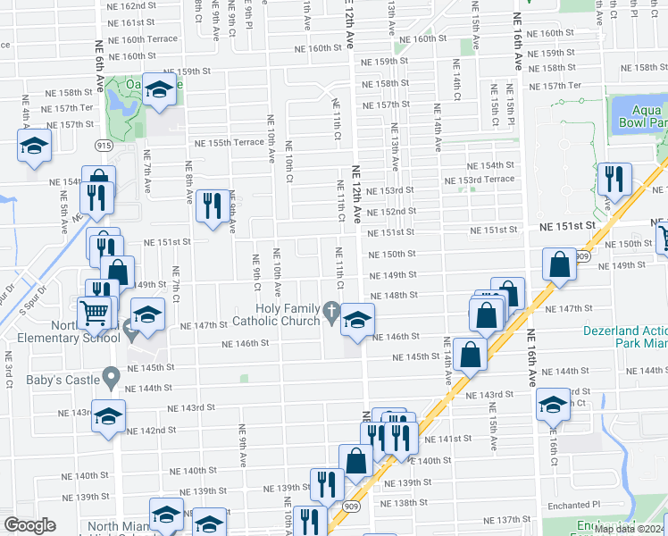 map of restaurants, bars, coffee shops, grocery stores, and more near 1135 Northeast 149th Street in Miami