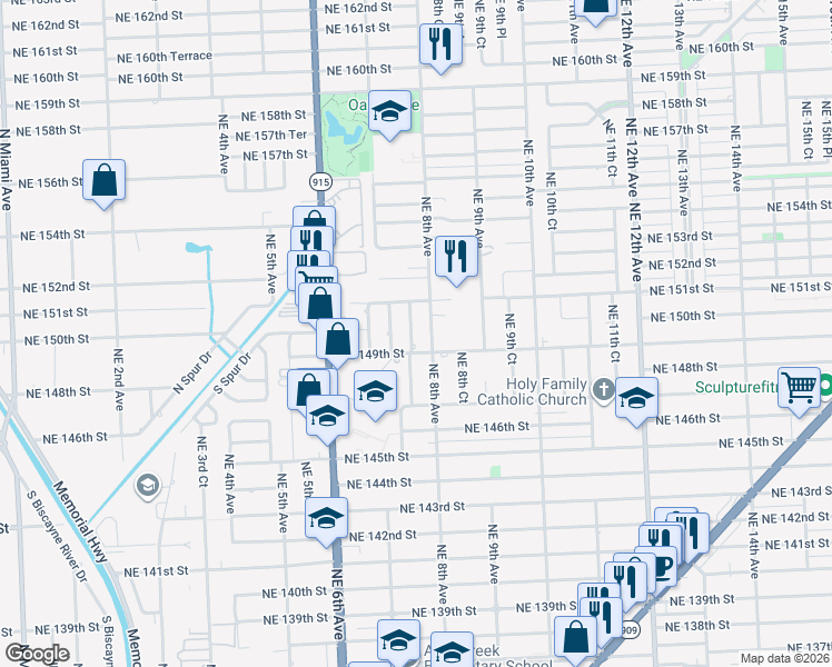 map of restaurants, bars, coffee shops, grocery stores, and more near 14901 Northeast 7th Court in North Miami