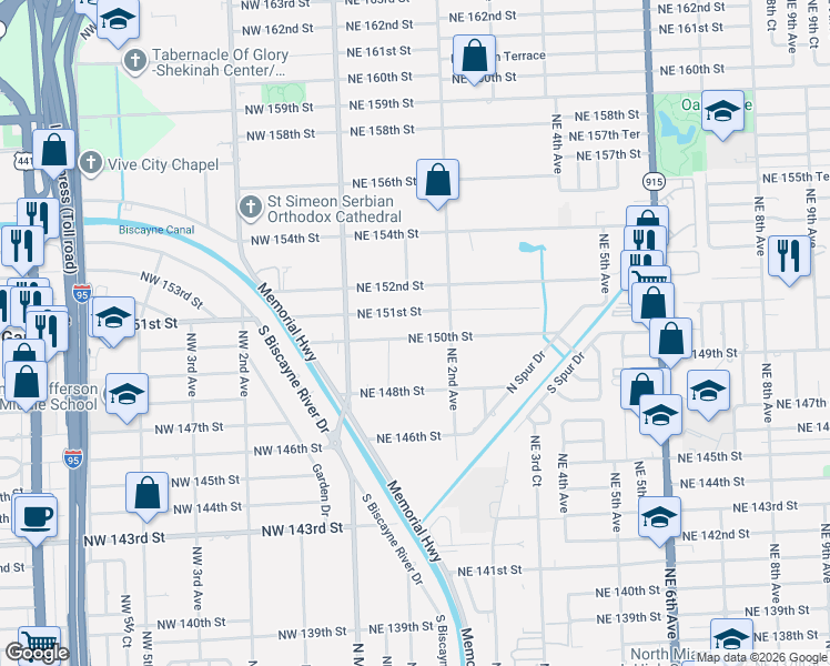 map of restaurants, bars, coffee shops, grocery stores, and more near 104 Northeast 150th Street in Miami