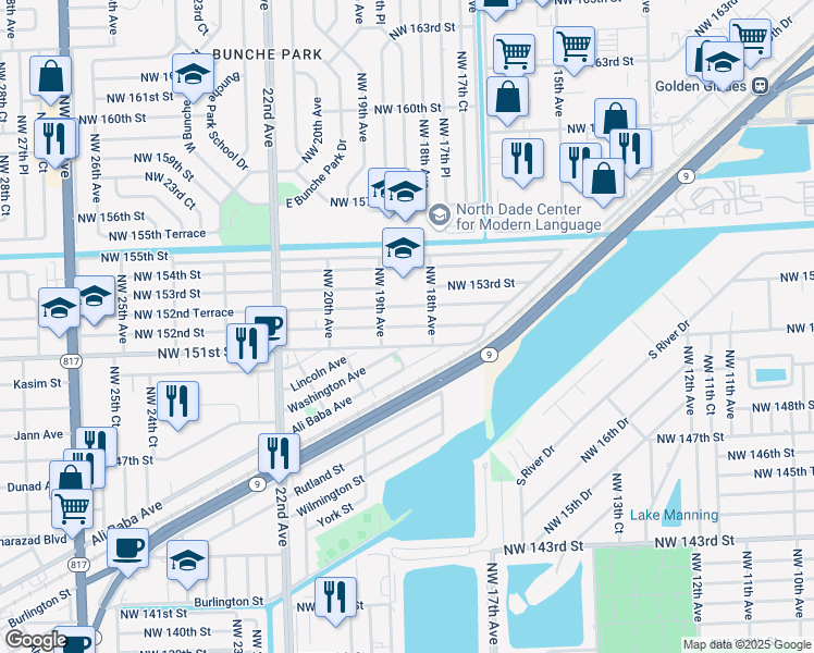 map of restaurants, bars, coffee shops, grocery stores, and more near 1817 Northwest 151st Street in Opa-locka