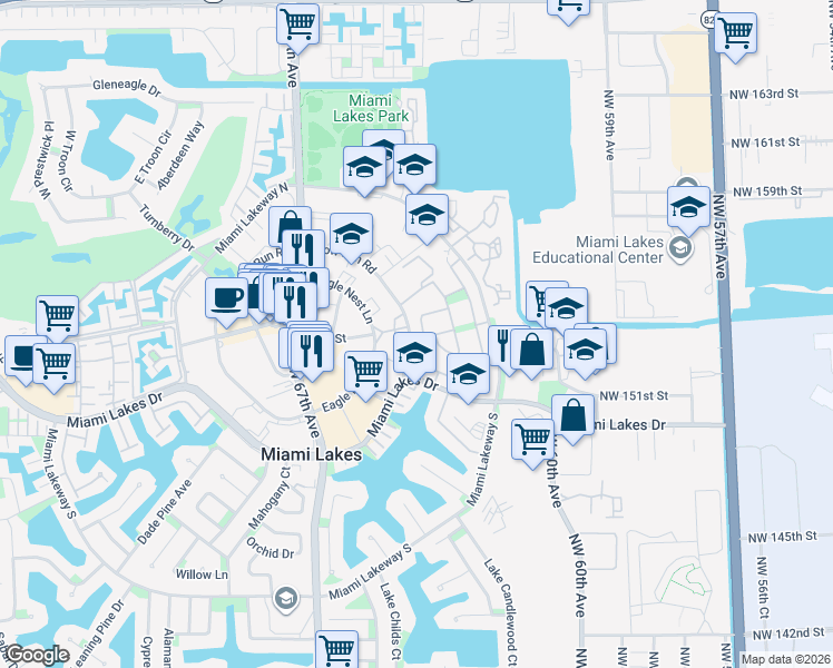 map of restaurants, bars, coffee shops, grocery stores, and more near 6340 Moultrie Place in Miami Lakes