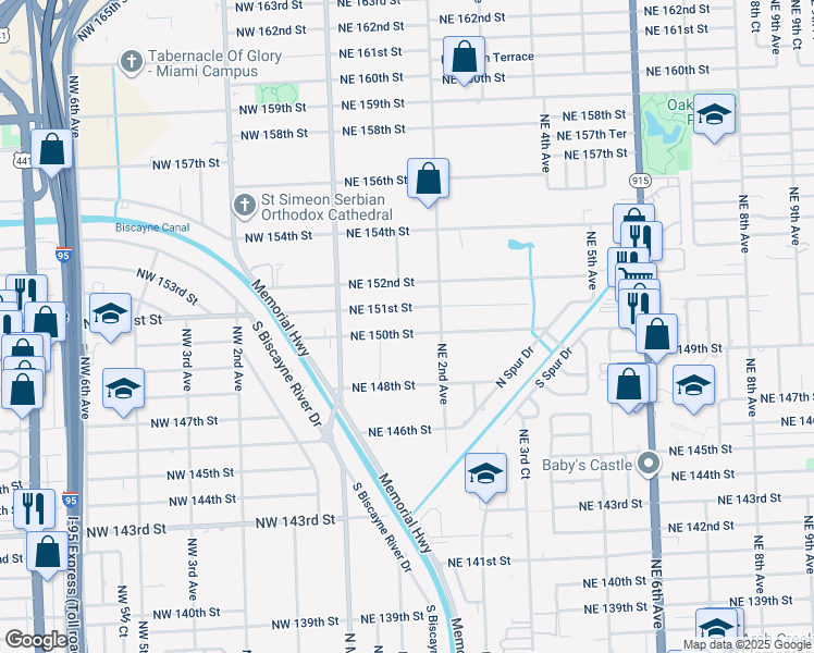 map of restaurants, bars, coffee shops, grocery stores, and more near 104 Northeast 150th Street in Miami
