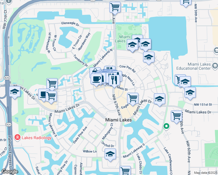map of restaurants, bars, coffee shops, grocery stores, and more near 6624 Main Street in Miami Lakes