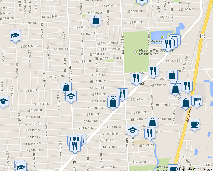 map of restaurants, bars, coffee shops, grocery stores, and more near 1440 Northeast 149th Street in North Miami