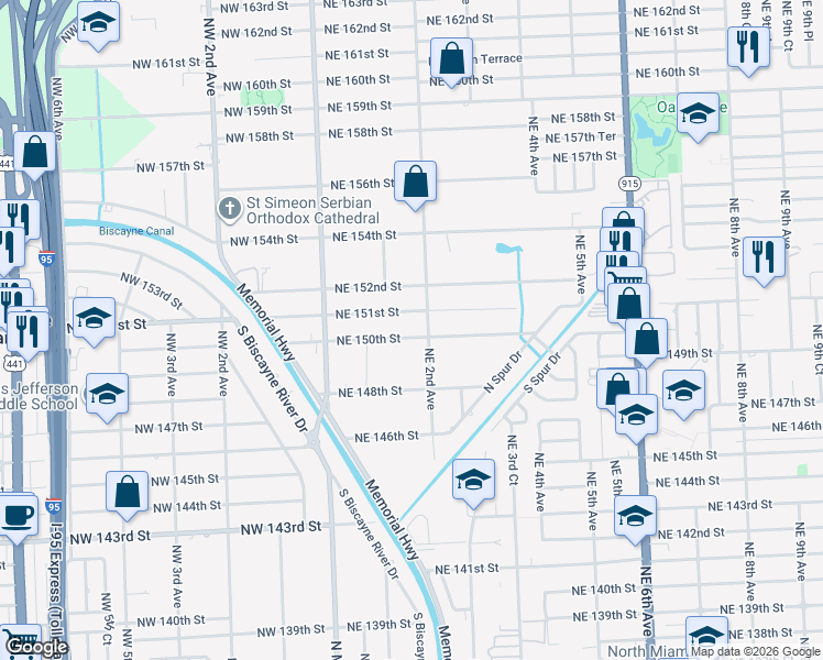 map of restaurants, bars, coffee shops, grocery stores, and more near 186 Northeast 150th Street in Miami