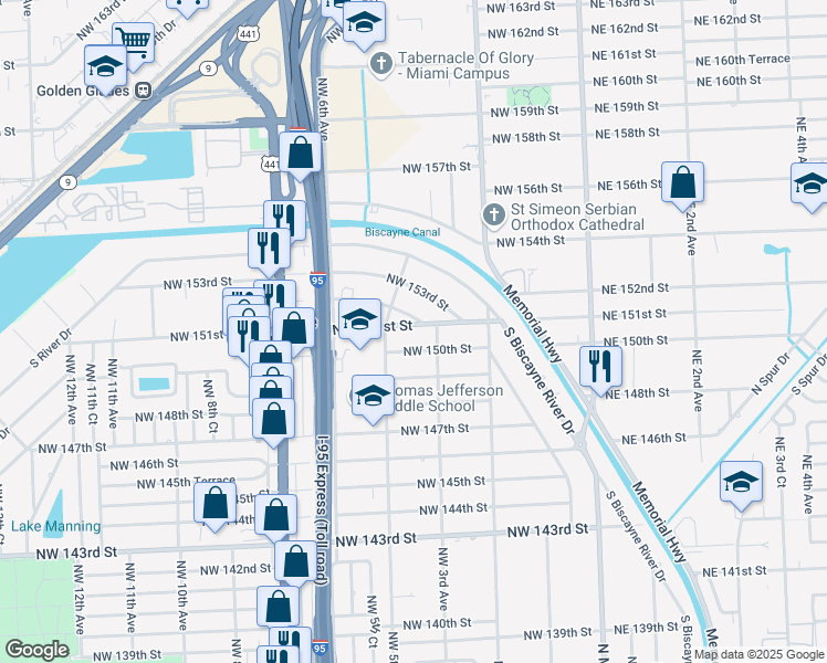 map of restaurants, bars, coffee shops, grocery stores, and more near 341 Northwest 150th Street in Miami
