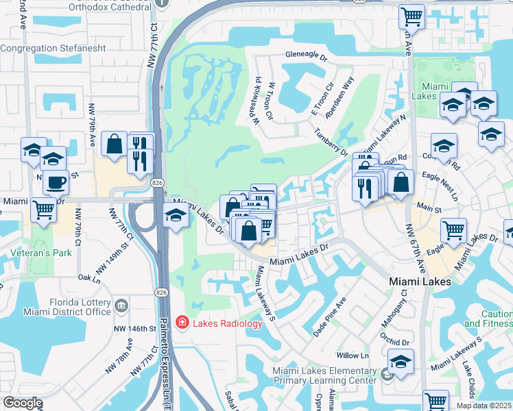 map of restaurants, bars, coffee shops, grocery stores, and more near 7357 Miami Lakes Drive in Miami Lakes