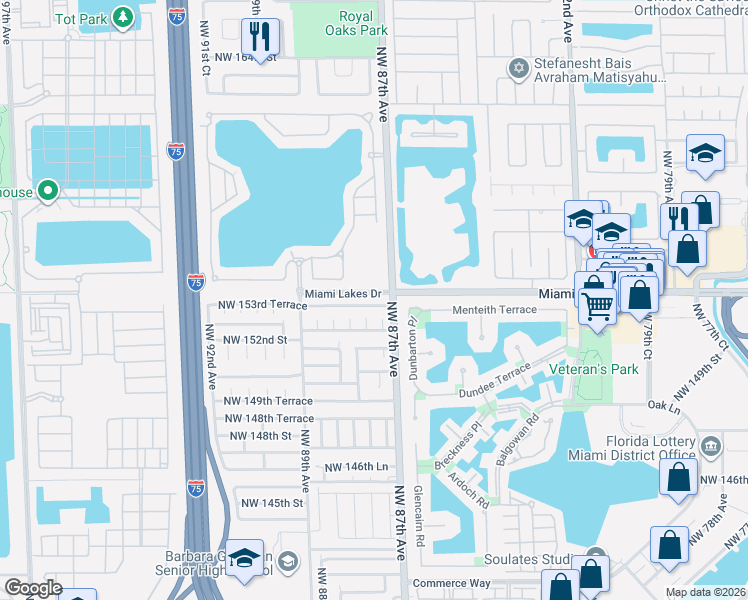 map of restaurants, bars, coffee shops, grocery stores, and more near 8720 Northwest 153rd Terrace in Hialeah
