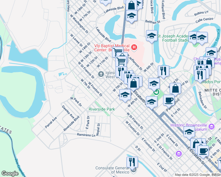 map of restaurants, bars, coffee shops, grocery stores, and more near 655 W St Charles St in Brownsville