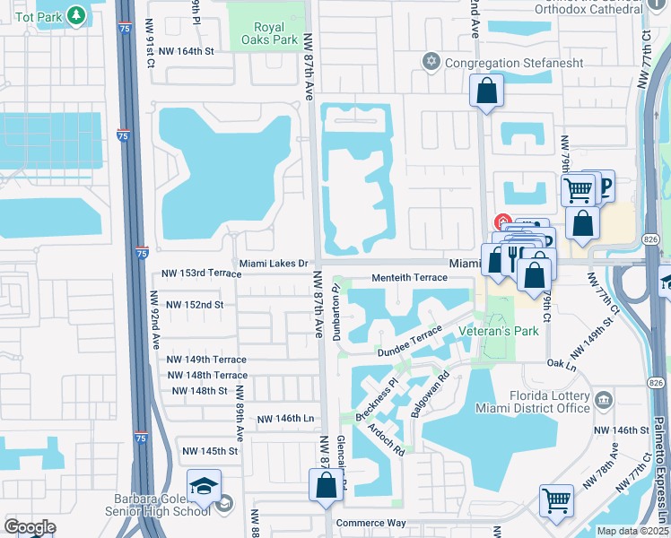 map of restaurants, bars, coffee shops, grocery stores, and more near 8625 Menteith Terrace in Miami Lakes