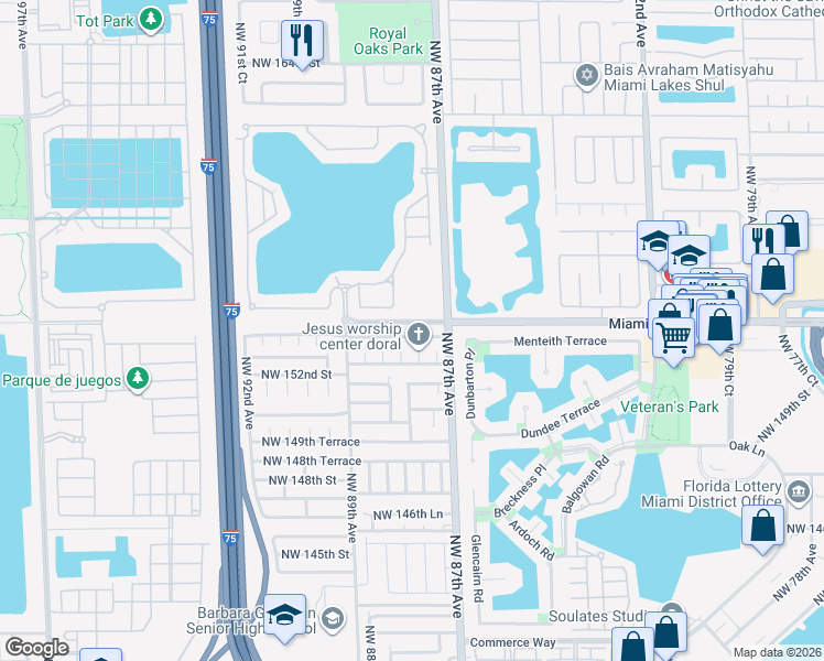 map of restaurants, bars, coffee shops, grocery stores, and more near 8770 Northwest 153rd Terrace in Hialeah