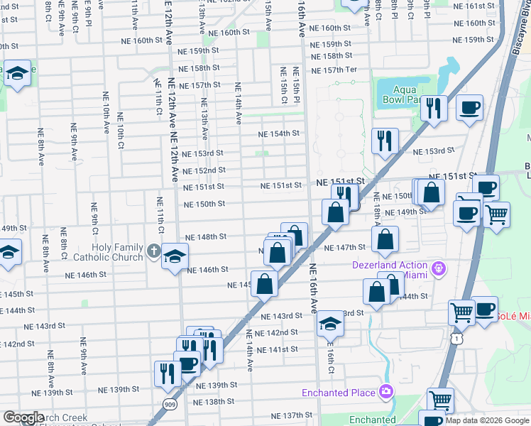 map of restaurants, bars, coffee shops, grocery stores, and more near 1440 Northeast 149th Street in North Miami
