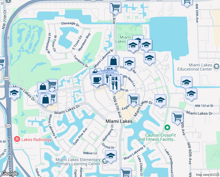 map of restaurants, bars, coffee shops, grocery stores, and more near 6624 Main Street in Miami Lakes