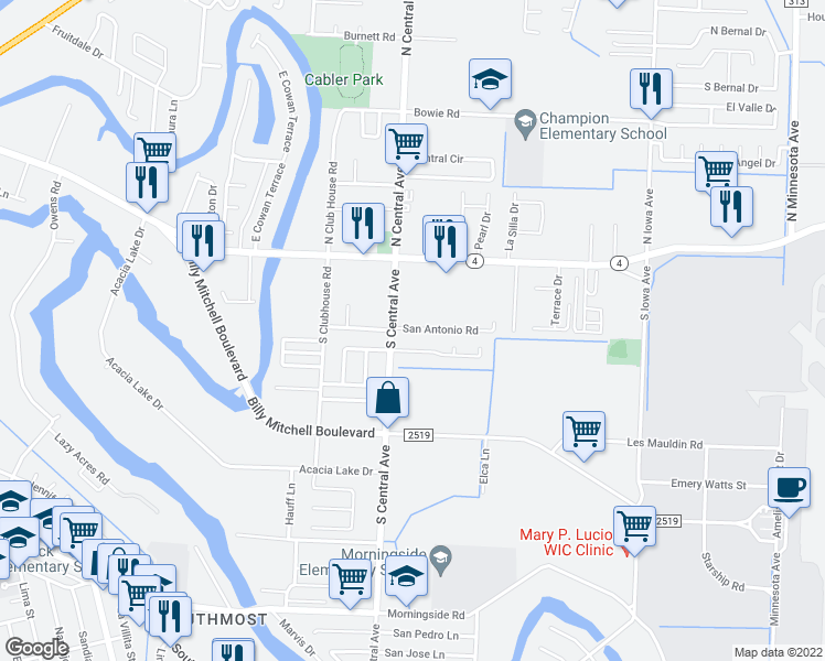 map of restaurants, bars, coffee shops, grocery stores, and more near 4618 San Antonio Rd in Brownsville
